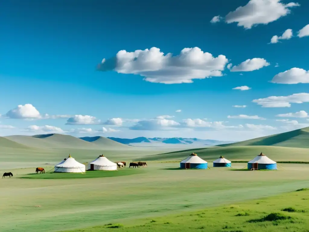 Amplio paisaje de estepa mongol con yurtas nómadas