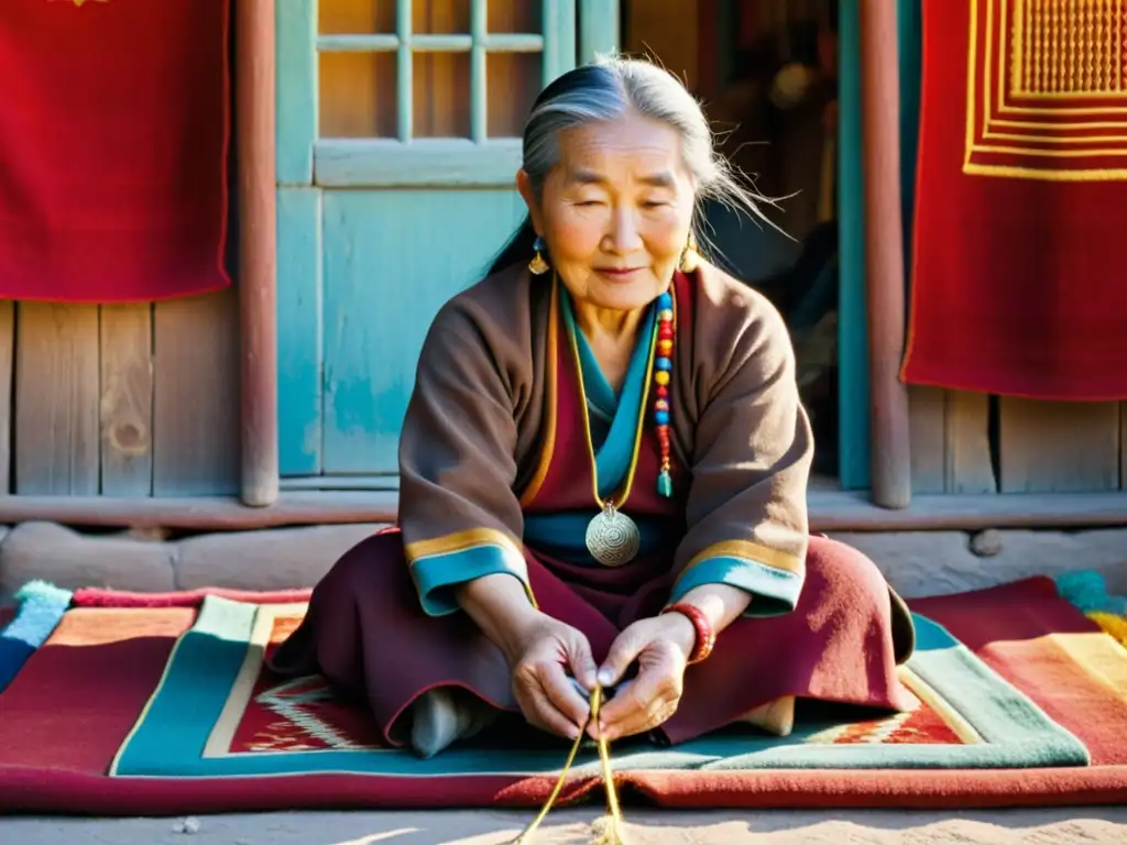 Una anciana artesana mongola teje una hermosa tapicería en su taller, rodeada de colores vibrantes y joyería de plata