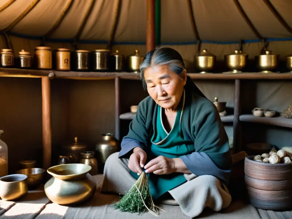 Una anciana curandera mongola prepara té medicinal en una yurta iluminada por la luz suave