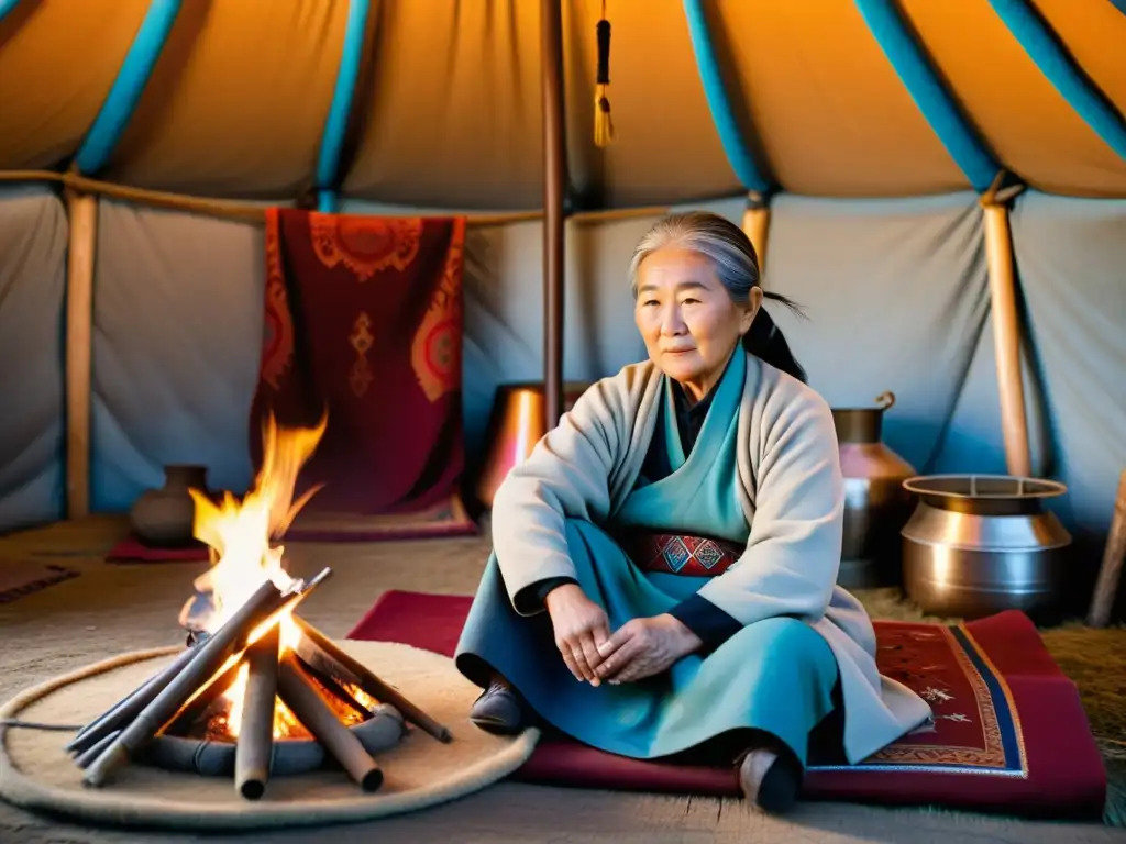 Una anciana en el interior de una yurta mongol tejiendo, rodeada de herramientas y artefactos antiguos