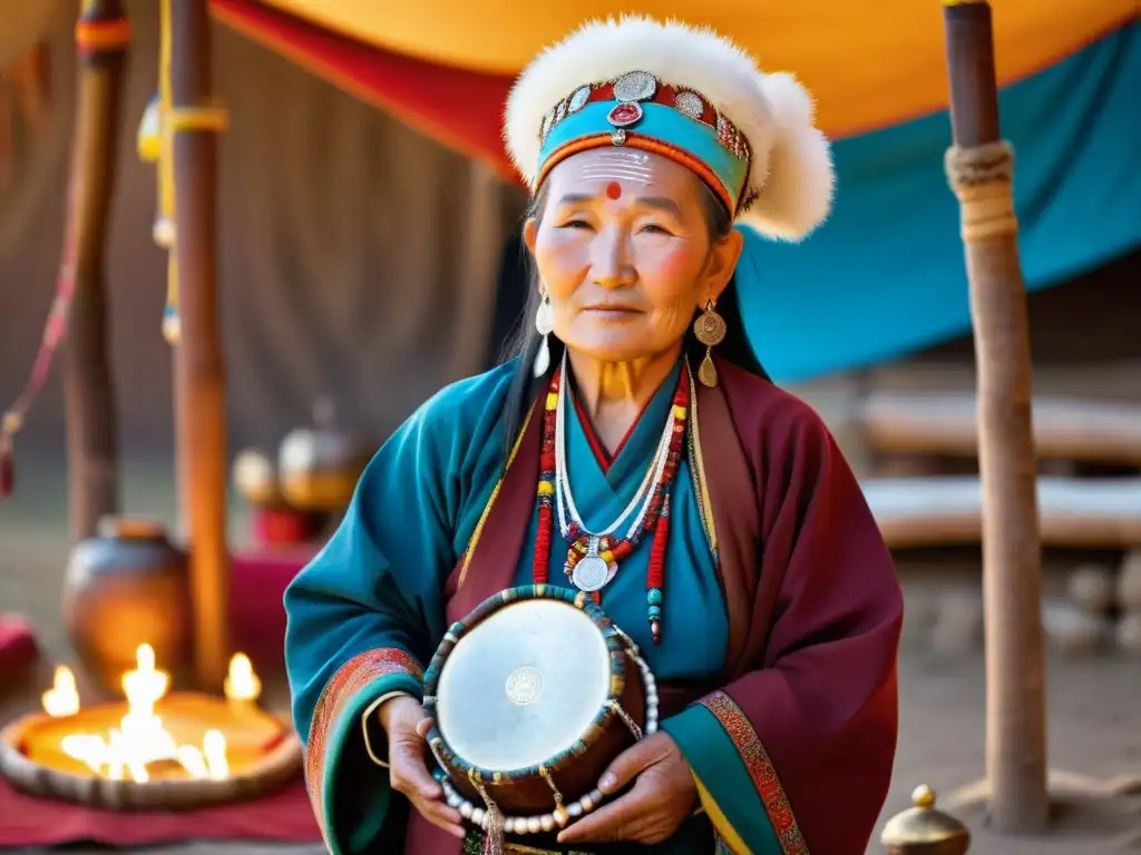 Una anciana chaman mongol con atuendo tradicional, sosteniendo un tambor ceremonial y rodeada de objetos rituales en un altar sagrado