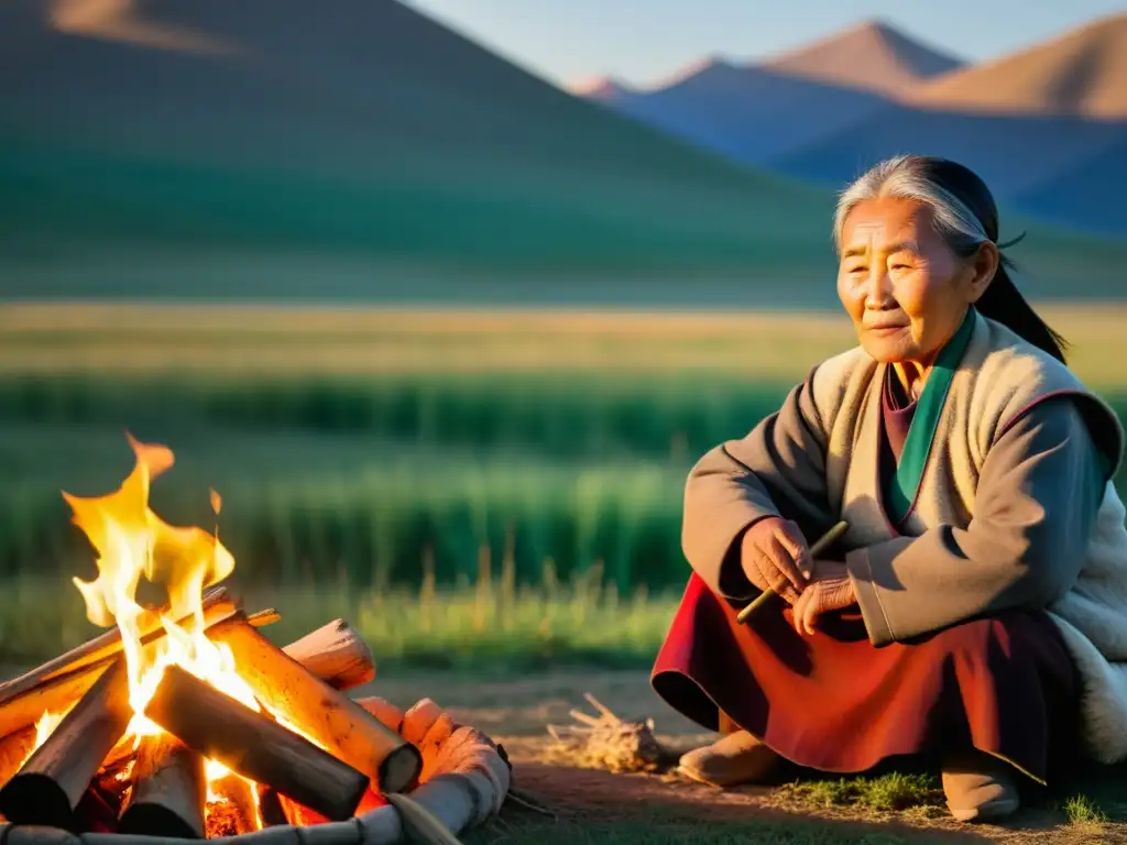 Una anciana mongol canta junto al fuego, con niños escuchando atentos