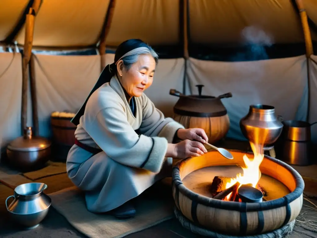 Una anciana mongola prepara la bebida nacional del Imperio Mongol en su yurta, creando una escena etérea y cautivadora