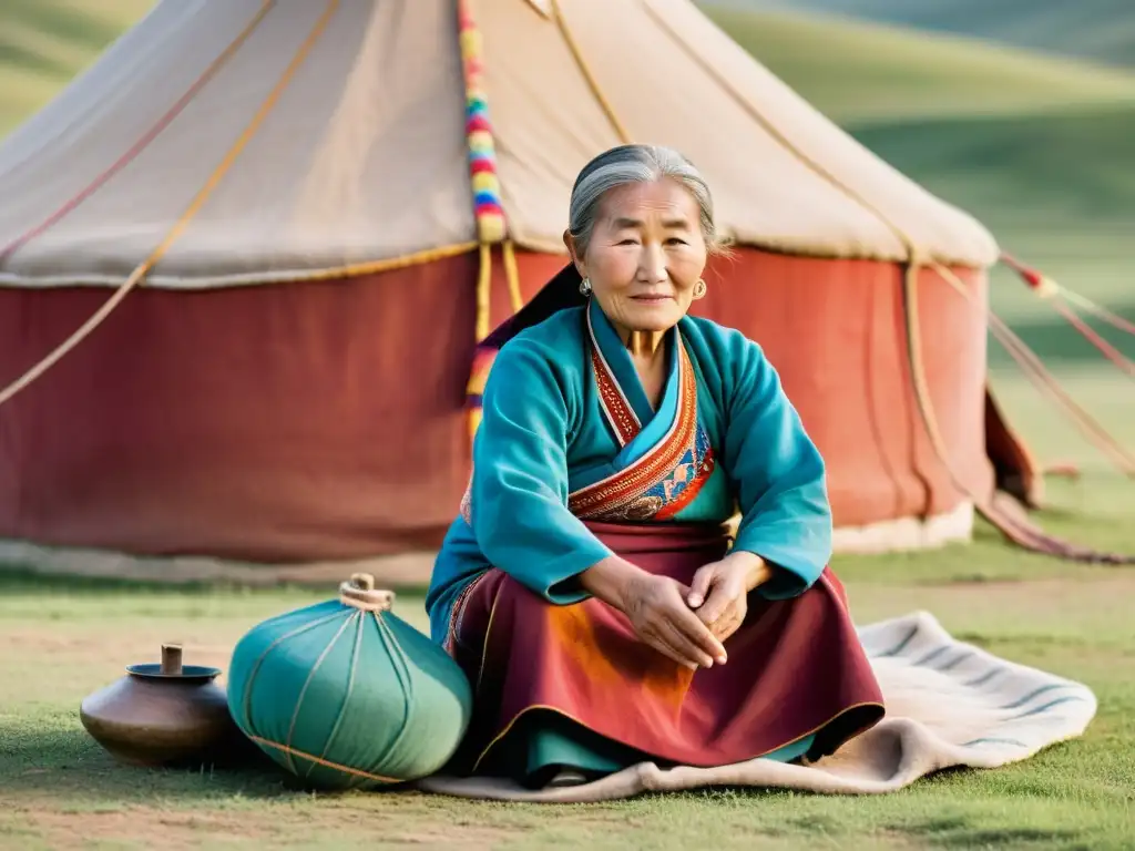 Una anciana mongola borda frente a su yurta, con el vasto paisaje de la estepa de Mongolia de fondo