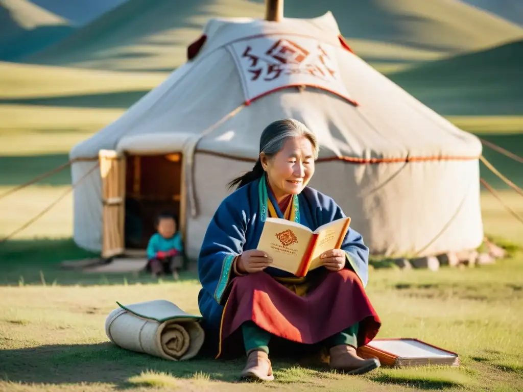 Una anciana mongola cuenta historias a niños, preservando el lenguaje mongol globalizado, frente a una yurta en las vastas praderas