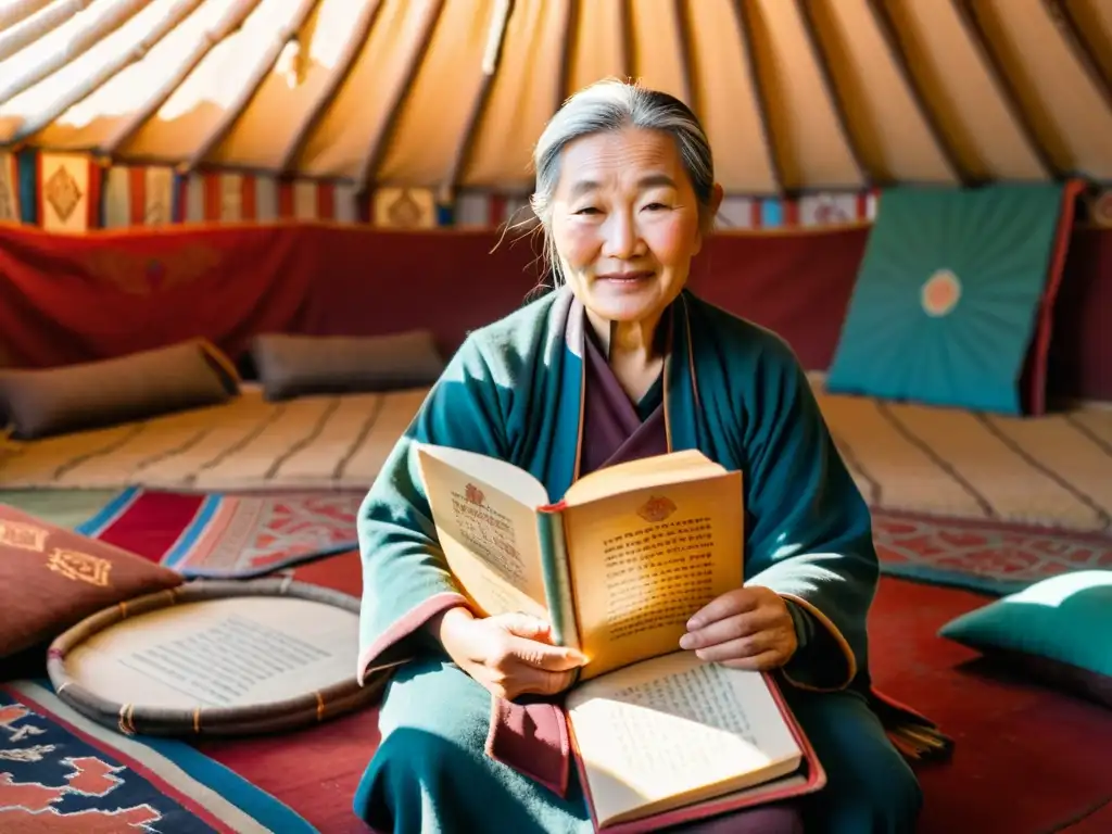 Una anciana mongola lee un libro en un yurta tradicional, rodeada de tapices coloridos y escritura mongola