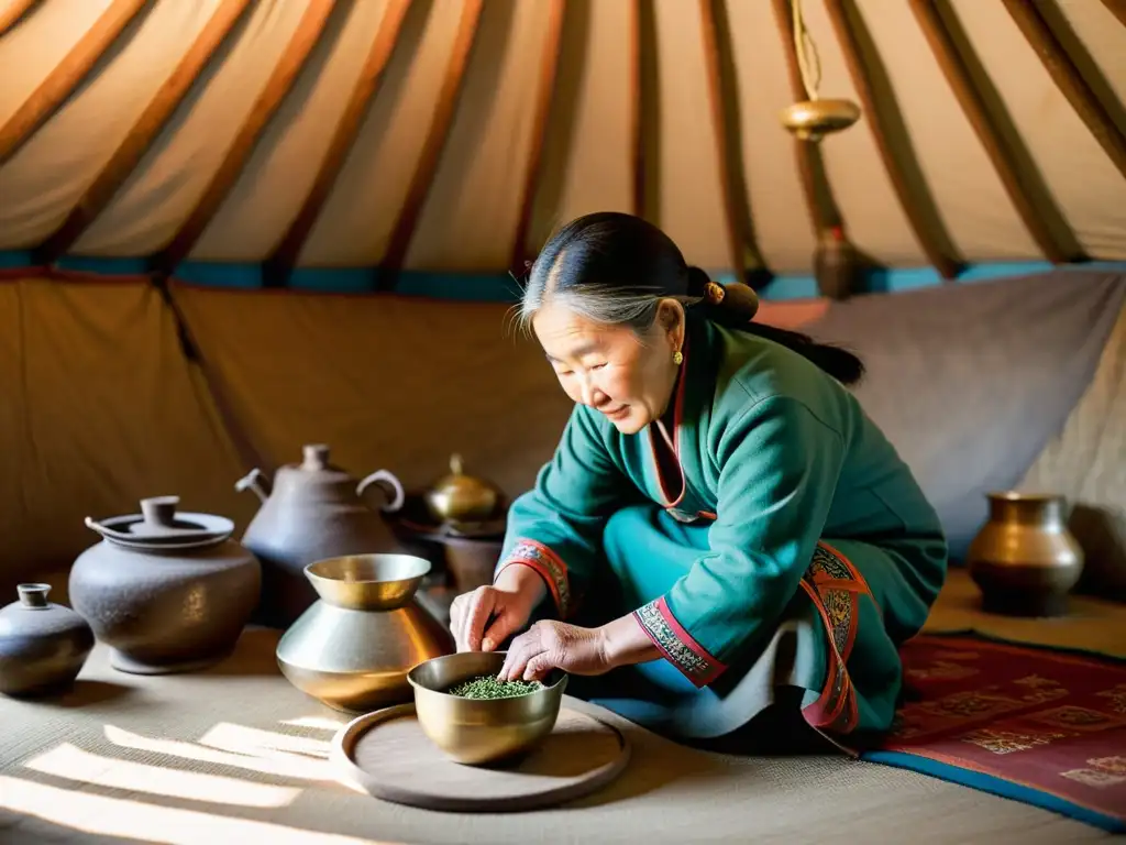 Una anciana mongola prepara con reverencia el auténtico té mongol tradicional en su yurta decorada, capturando la esencia de la tradición