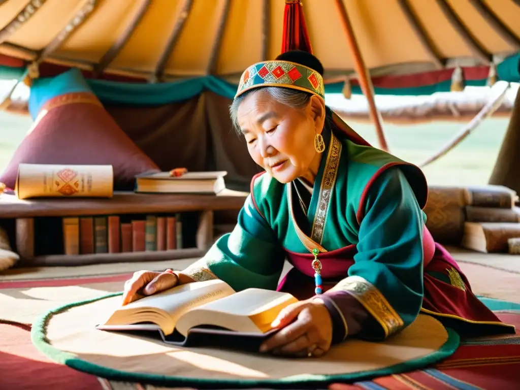 Una anciana mongola viste deel tradicional y una colorida diadema, leyendo libros antiguos en una yurta