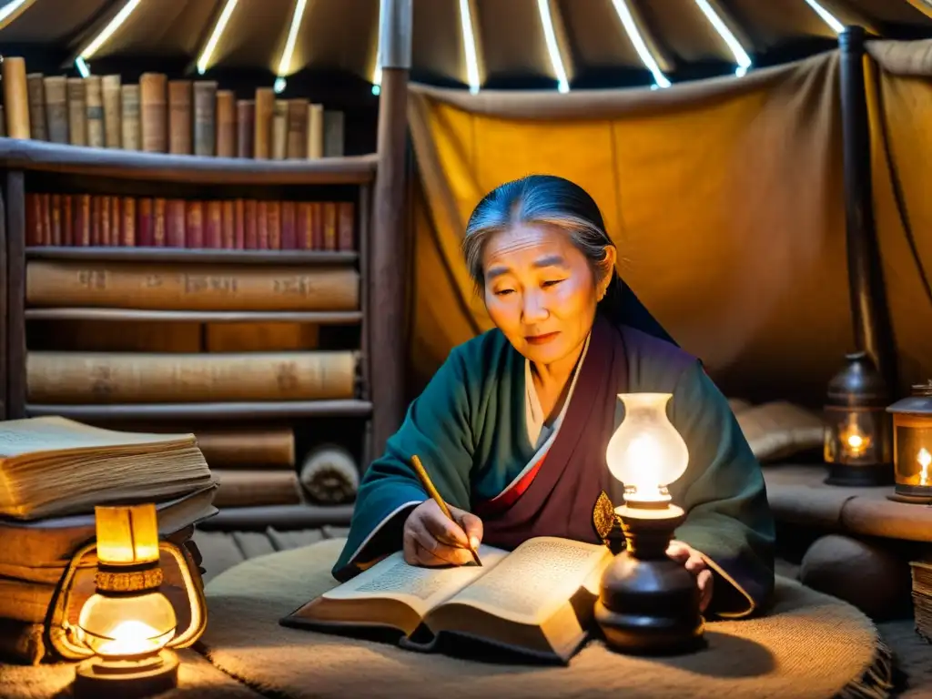 Una anciana mujer mongola en un yurta iluminada por una lámpara de aceite, examina un manuscrito antiguo