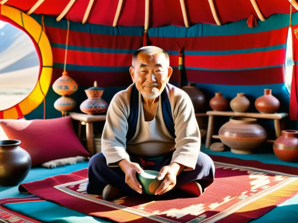 Un anciano artesano mongol experto en artesanías tradicionales de la diáspora mongola teje un yurta de fieltro sobre una colorida alfombra