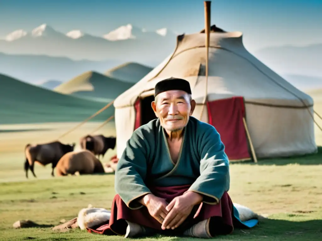 Un anciano nómada mongol, en su atuendo tradicional, frente a una yurta, con la vasta estepa mongola de fondo