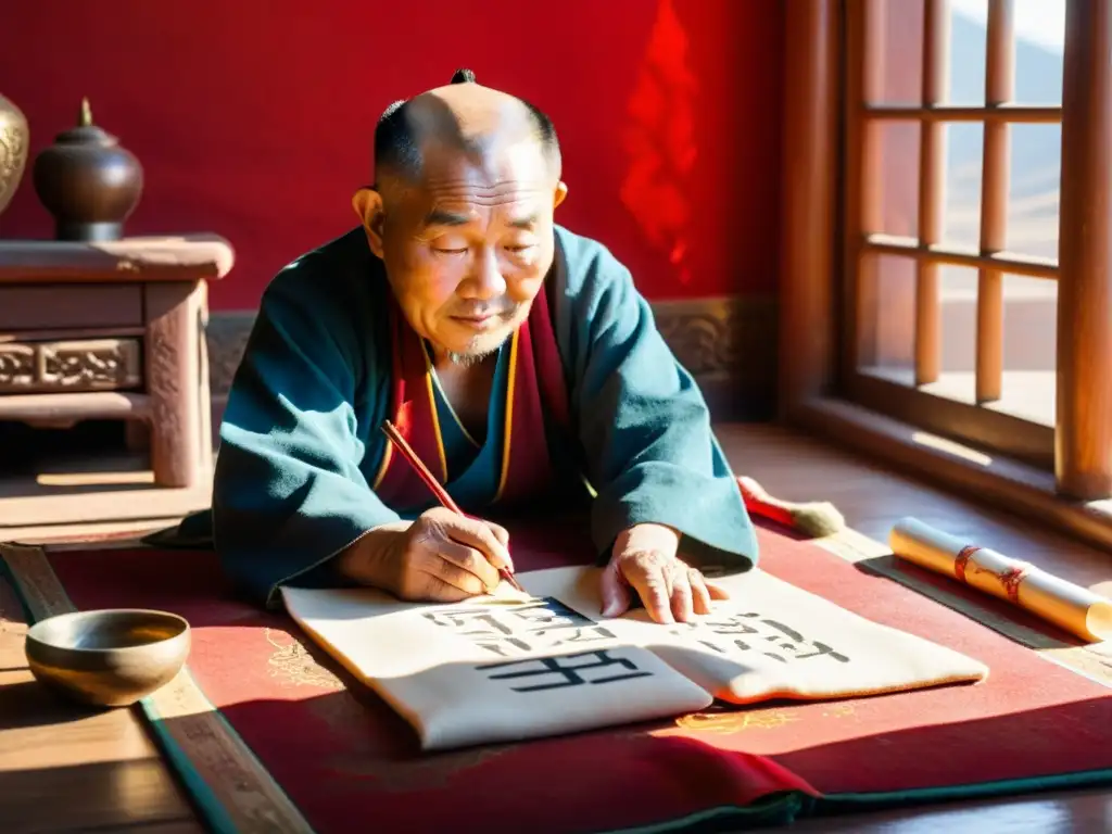 Un anciano calígrafo mongol se sienta en un vibrante tapete rojo y dorado, rodeado de herramientas y pergaminos tradicionales