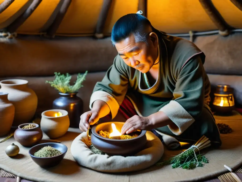 Un anciano curandero mongol prepara una medicina tradicional en su yurta, rodeado de hierbas secas y huesos de animales