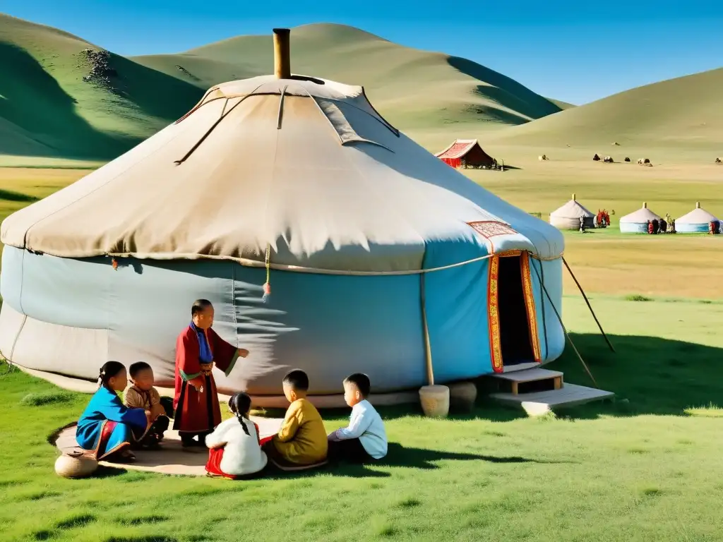 Un anciano enseña a niños mongoles frente a una yurta en las praderas, resaltando el sistema educativo y la historia de Mongolia