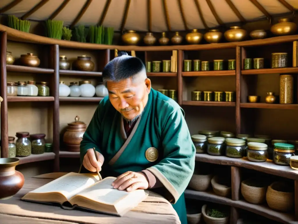 Un anciano herborista mongol selecciona y prepara hierbas tradicionales en una yurta iluminada por rayos de sol