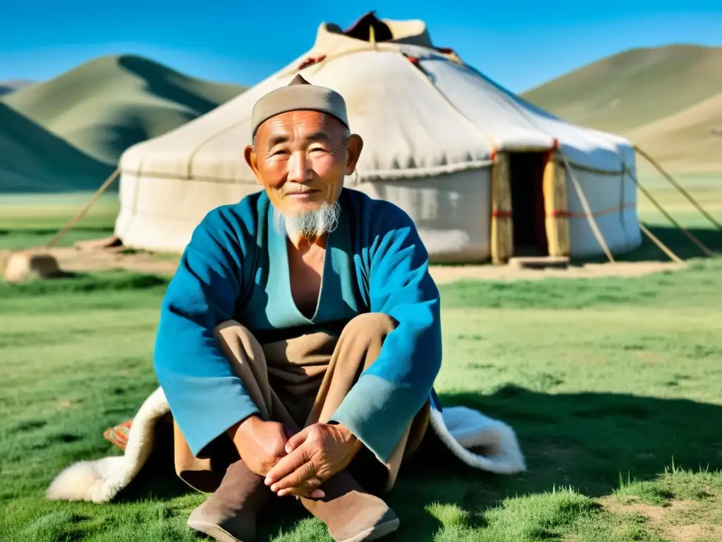 Un anciano mongol, ataviado con un tradicional deel, descansa frente a una yurta en la vasta estepa