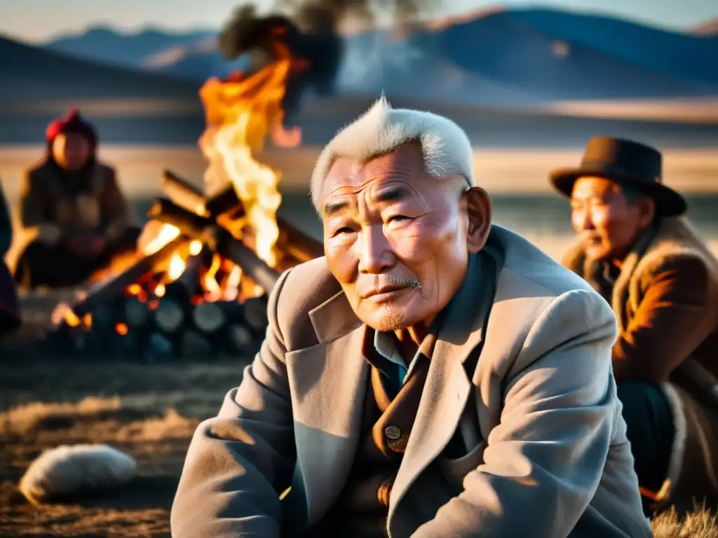 Un anciano mongol relata historias junto al fuego, su rostro iluminado por las llamas, mientras la estepa mongol se extiende al fondo