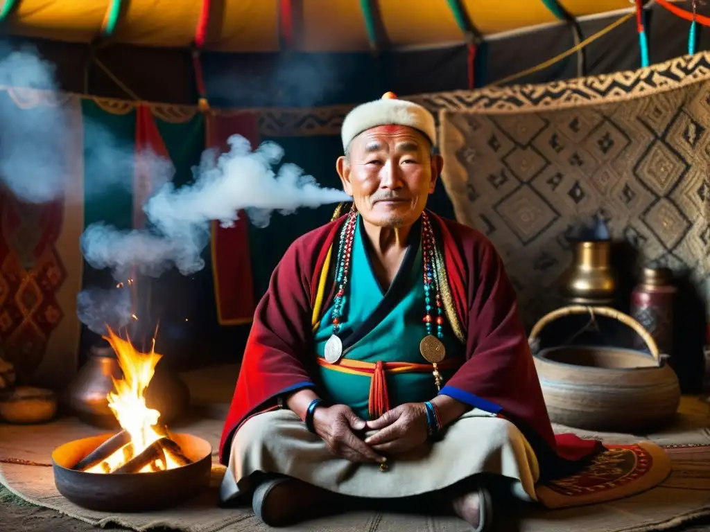 Un anciano chamán mongol, rodeado de coloridas túnicas y joyas tradicionales, realiza un ritual sagrado en una yurta iluminada por el fuego ceremonial