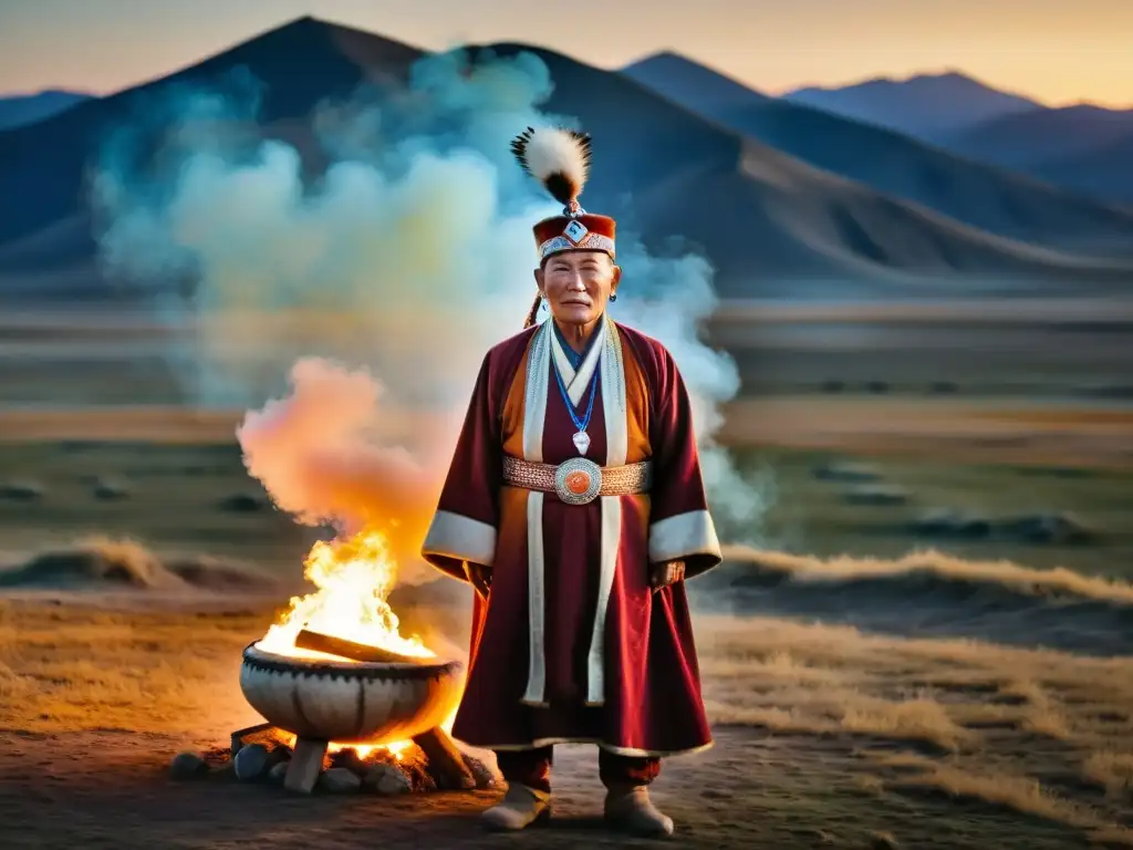 Un anciano chamán mongol viste ropas tradicionales y realiza un ritual con un tambor ceremonial, mientras la luz de una hoguera ilumina su rostro