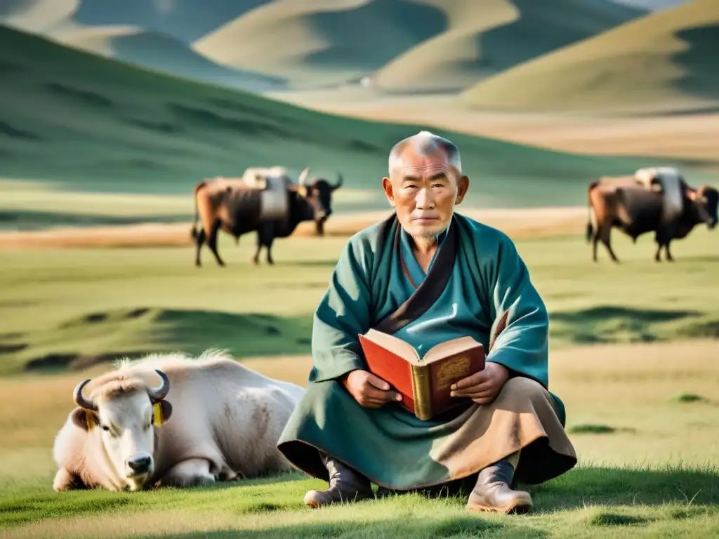 Un anciano mongol en vestimenta tradicional, rodeado de yaks y colinas