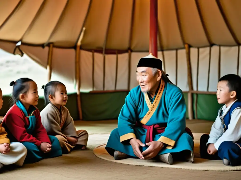 Un anciano mongol en su yurta transmite sabiduría a niños, destacando la importancia de preservar los dialectos mongólicos en peligro