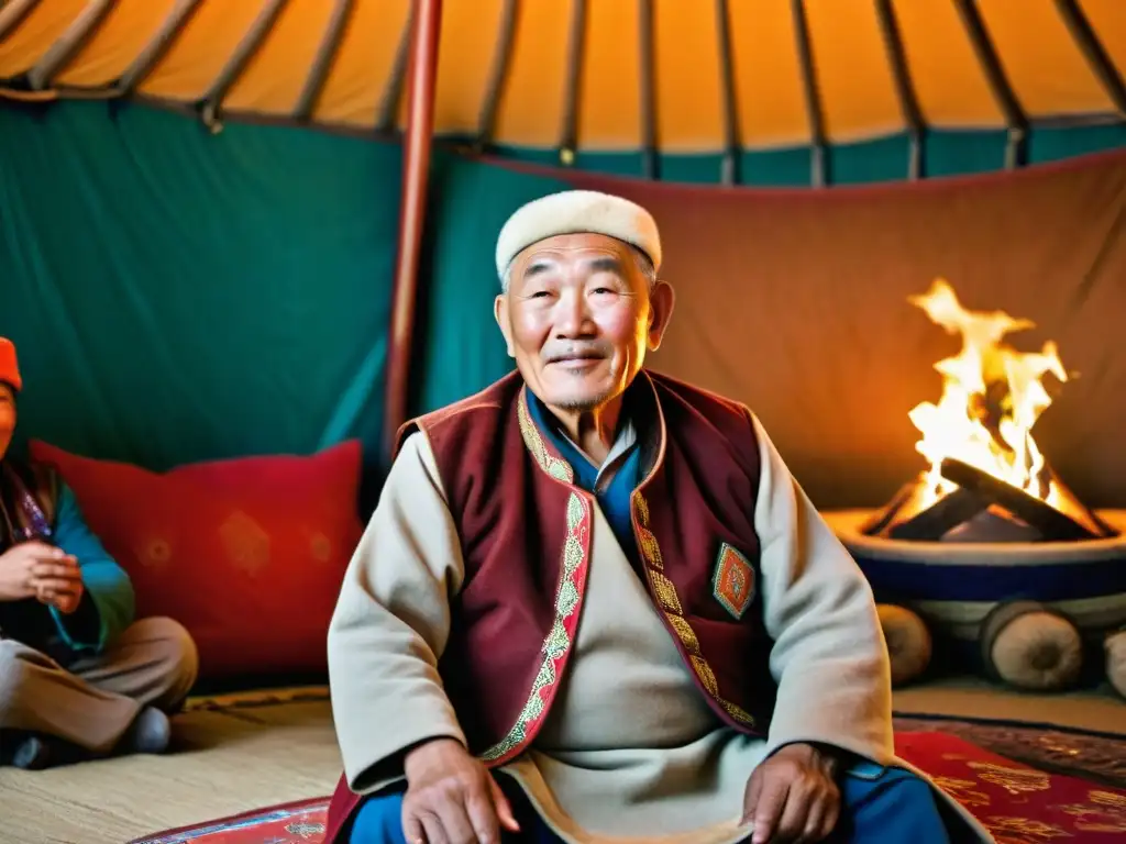 Un anciano narrador mongol cuenta historias en una yurta, rodeado de oyentes atentos