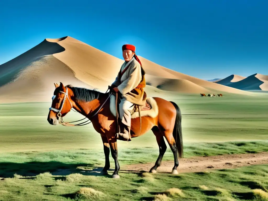 Un anciano nómada mongol, vestido con un deel tradicional, cabalga por la vasta estepa mongola bajo un cielo azul