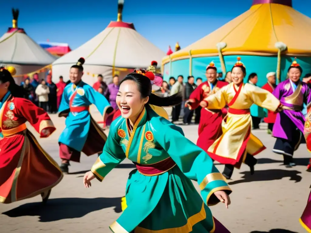 Una animada celebración del Año Nuevo Lunar Mongol, con coloridos trajes tradicionales, danzas de dragones y yurtas decoradas