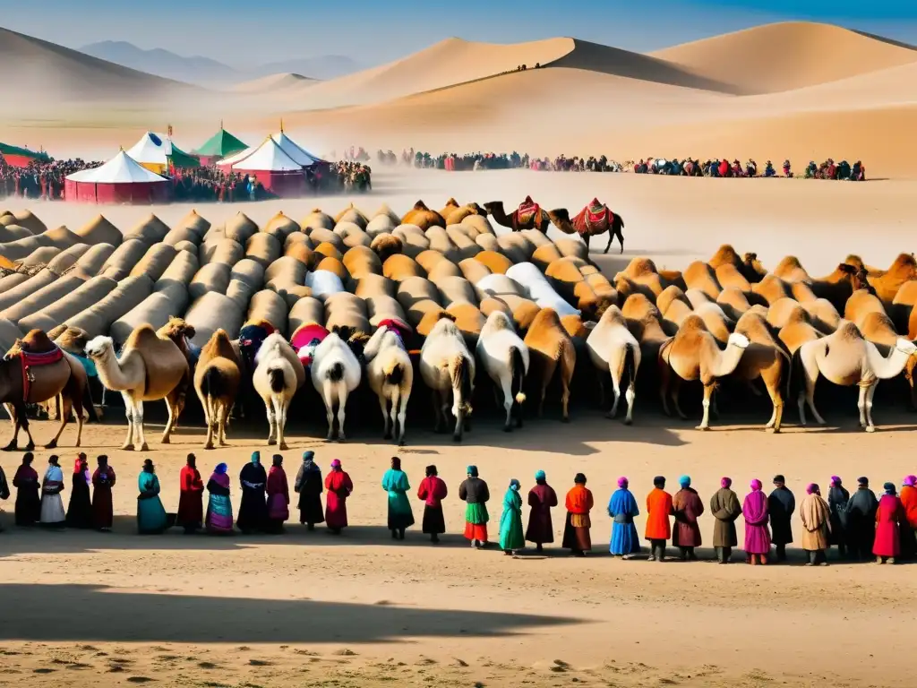 Una animada feria de camellos en Mongolia, con herders y comerciantes en tradicionales atuendos