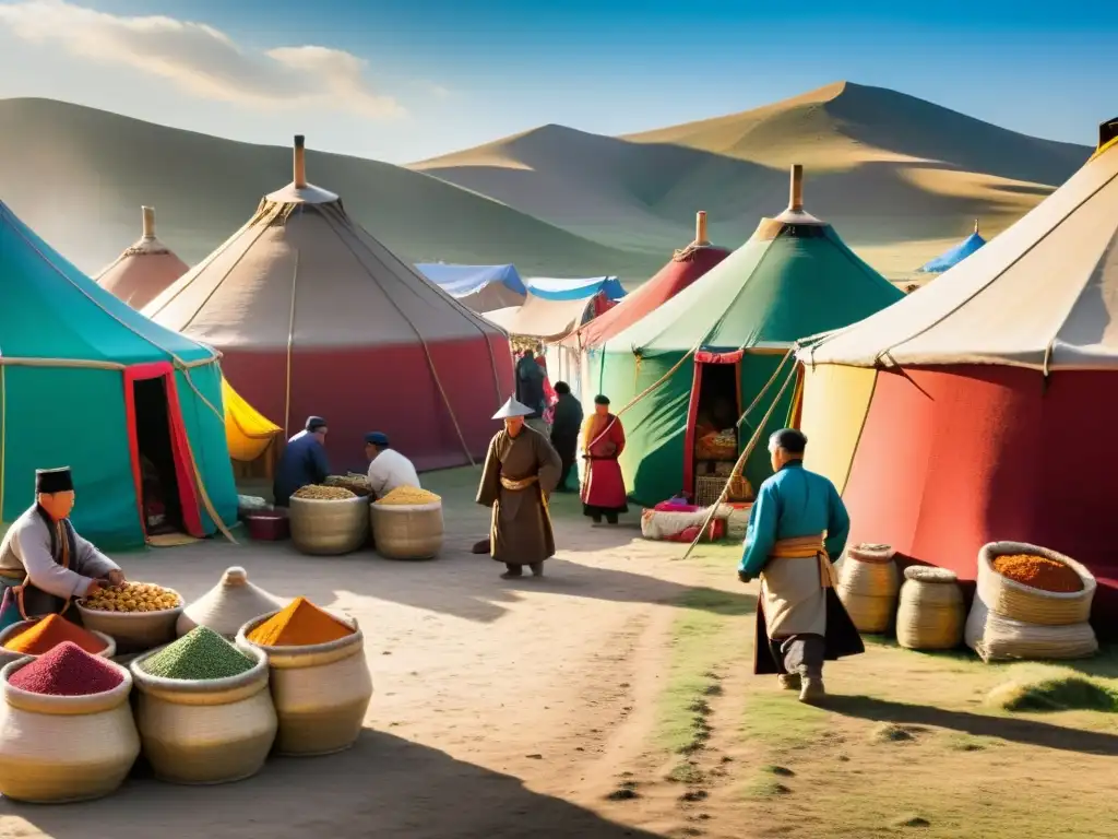 Un animado mercado en la antigua Mongolia, con influencias culturales entre mongoles e islámicos