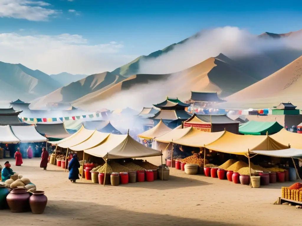 En el animado mercado antiguo de Mongolia, los comerciantes intercambian especias y alimentos exóticos bajo coloridos toldos, rodeados de una vibrante variedad de texturas y detalles