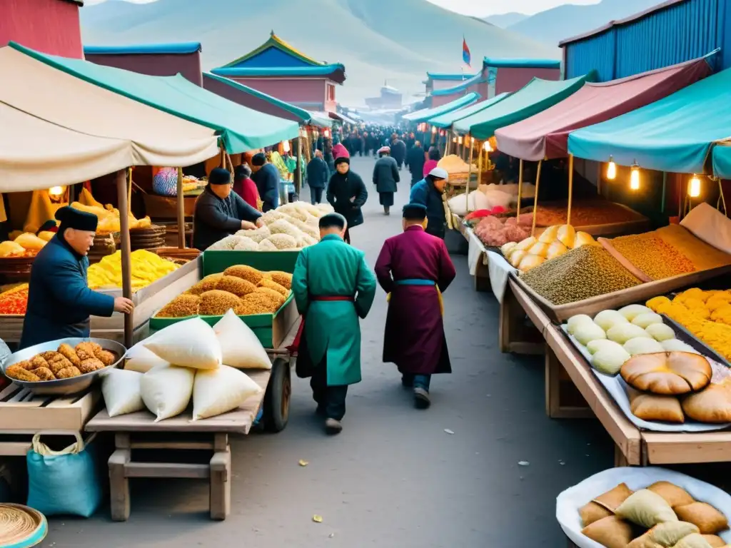 Un animado mercado callejero mongol con platos tradicionales del Imperio Mongol y vendedores entre telas vibrantes