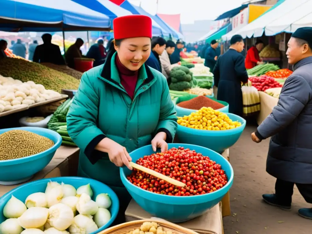 Un animado mercado chino en Mongolia Interior, con una mezcla vibrante de culturas, influencias externas en cocina mongola