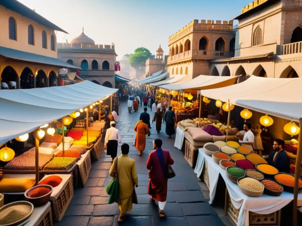 Animado mercado en una ciudad histórica, con comerciantes de diversas culturas intercambiando bienes en un escenario de arquitectura antigua