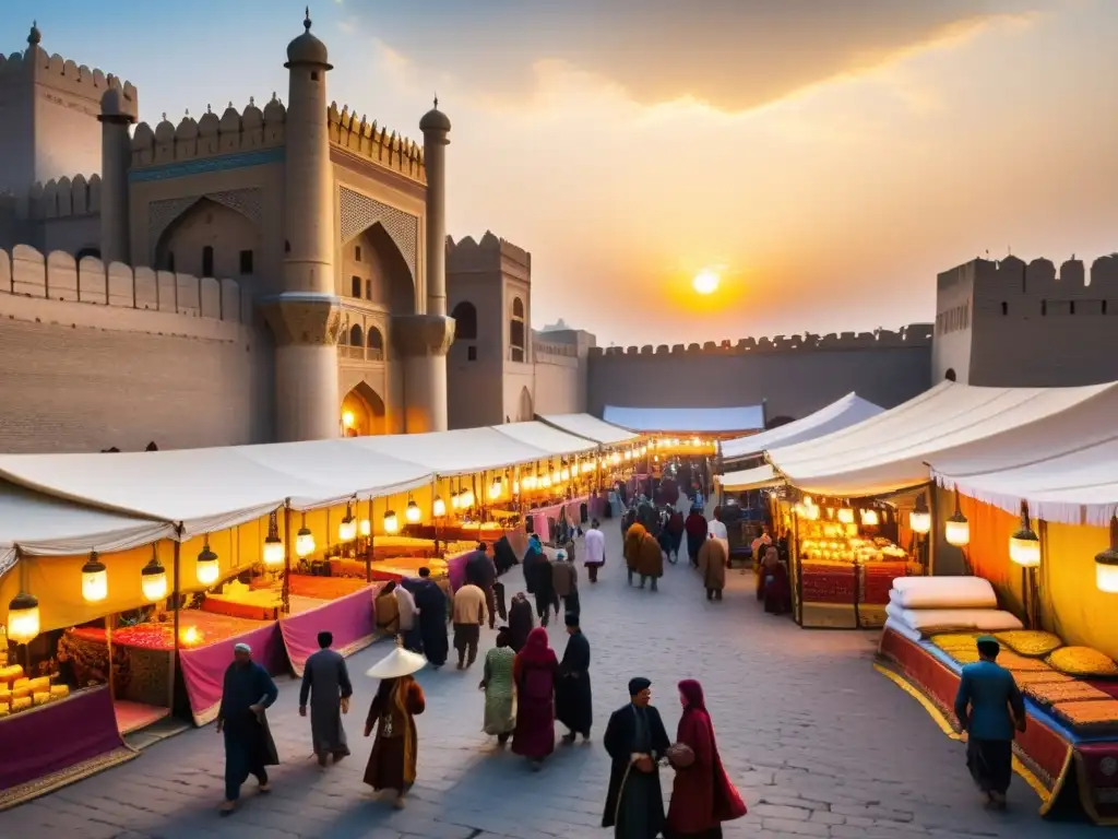 Animado mercado en una ciudad medieval de la Ruta de la Seda del Imperio Mongol, con comerciantes y caravanas decoradas