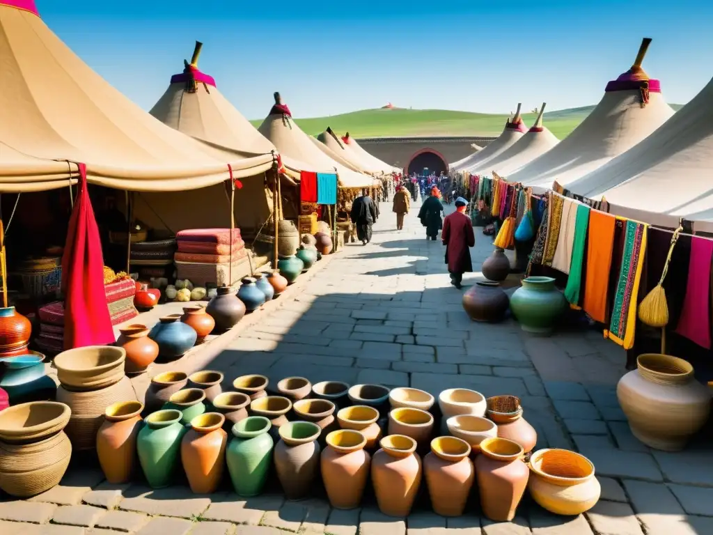 Animado mercado del imperio mongol con comerciantes de diversas culturas intercambiando bienes