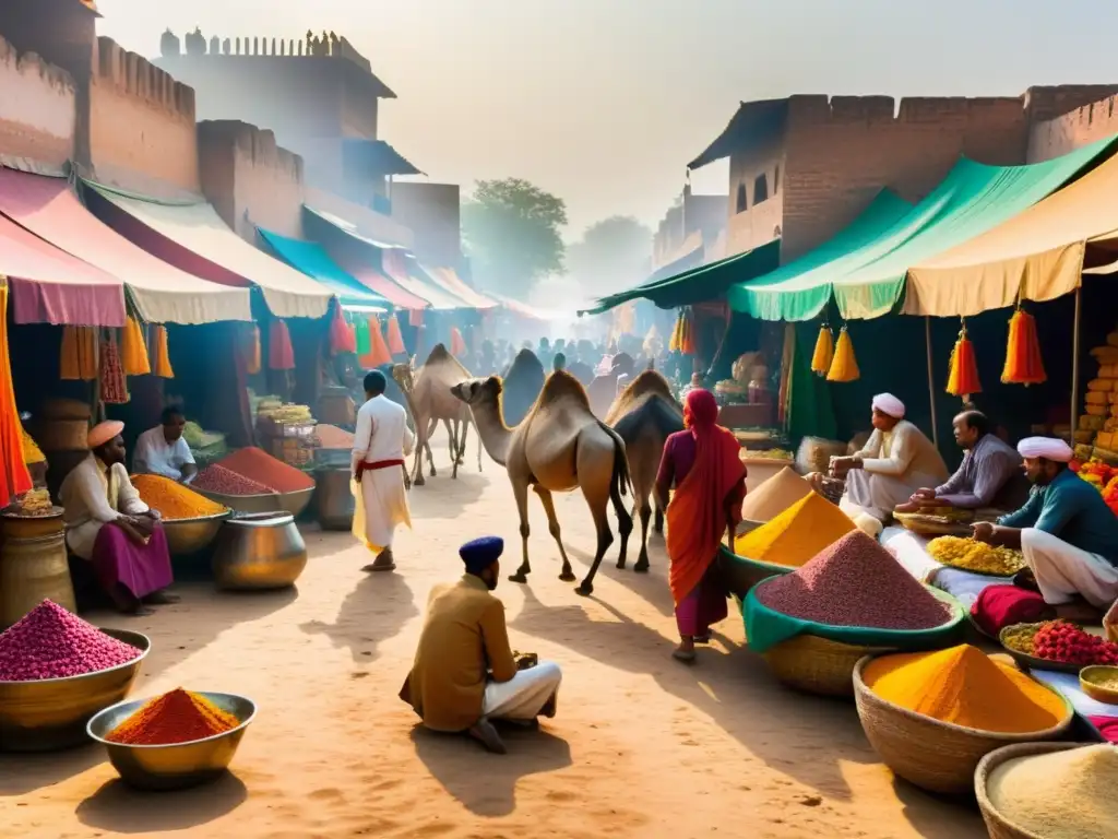 En un animado mercado de la India antigua, los comerciantes negocian frente a coloridos puestos decorados con textiles y especias