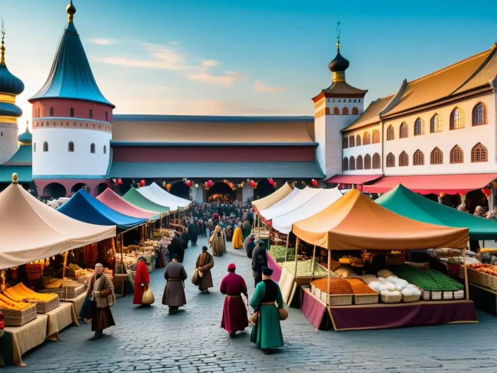 Animado mercado medieval europeo con impacto económico de las conquistas mongolas en Europa, comerciantes intercambian bienes de Oriente y Occidente