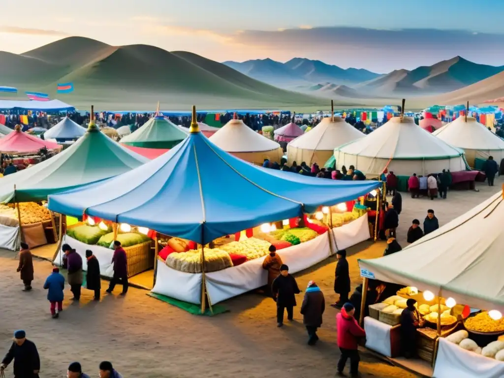 Un animado mercado mongol con coloridos puestos de venta de platos tradicionales como buuz, khuushuur y Tsuivan, rodeado de yurtas y banderas mongolas