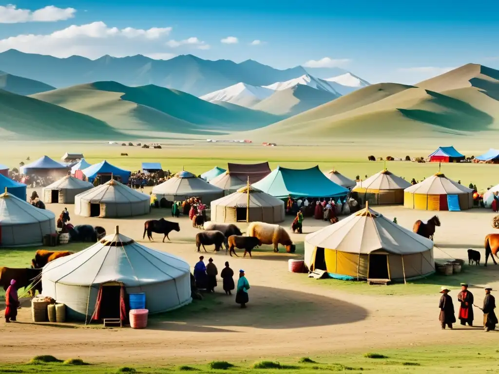 Mercado vibrante en la estepa mongola: comercio y coloridos intercambios Animado mercado mongol con comerciantes intercambiando moneda extranjera en un paisaje de estepa y montañas
