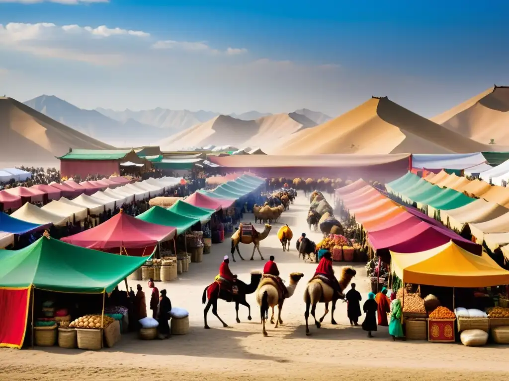 Un animado mercado mongol a lo largo de la Ruta de la Seda, reflejando el impacto económico de las rutas comerciales menores en el Imperio Mongol