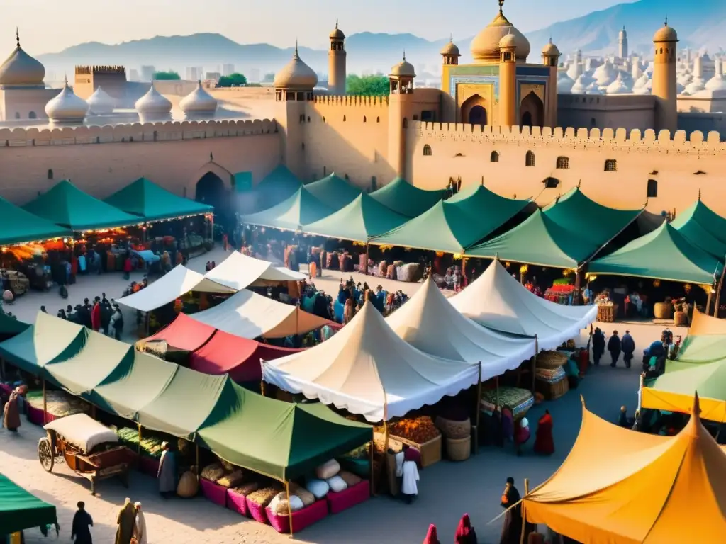 Animado mercado de la Ruta de la Seda durante el Imperio Mongol, con comercio global y diversidad cultural