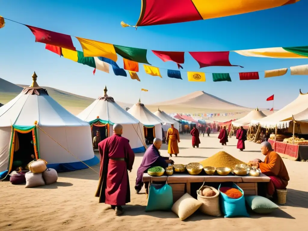 Animado mercado de la Ruta de la Seda, con intercambio de bienes y difusión del budismo entre caravanas y monjes budistas en la estepa mongol