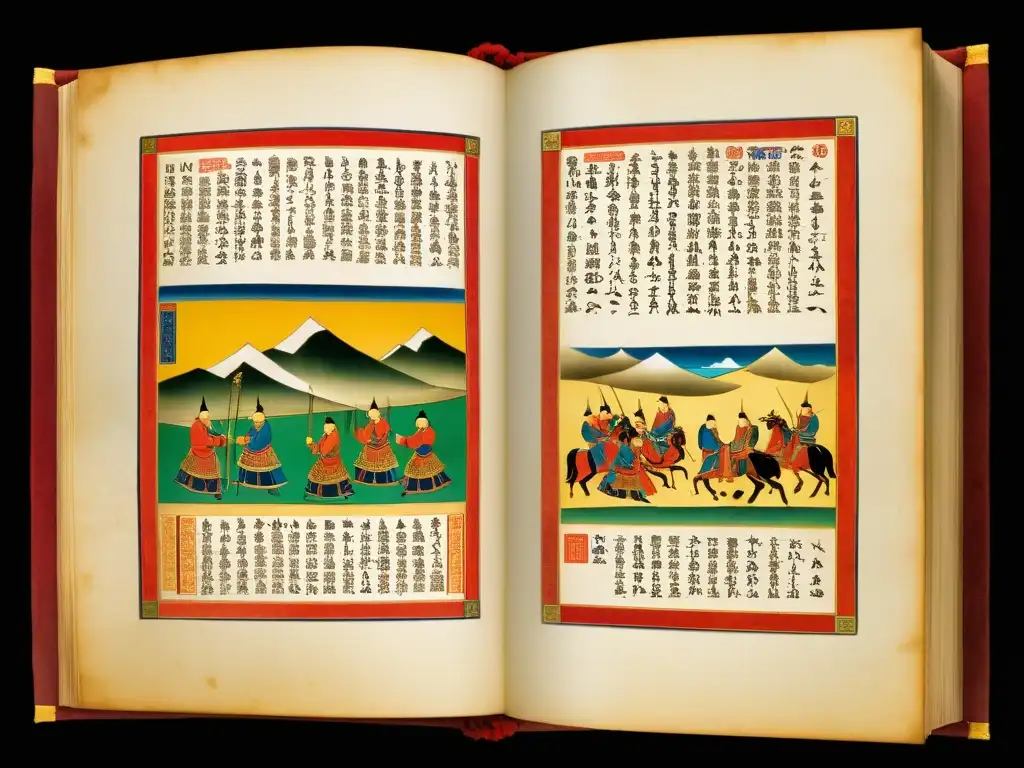 Antigua codex mongol con detallada caligrafía e ilustraciones, mostrando la vida diaria, batallas y rituales del Imperio Mongol