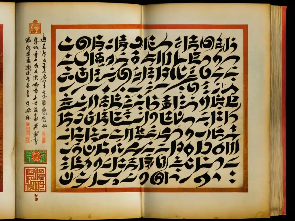 Antigua criptografía en lengua mongola: manuscrito con caligrafía e ilustraciones detalladas, envejecido y misterioso