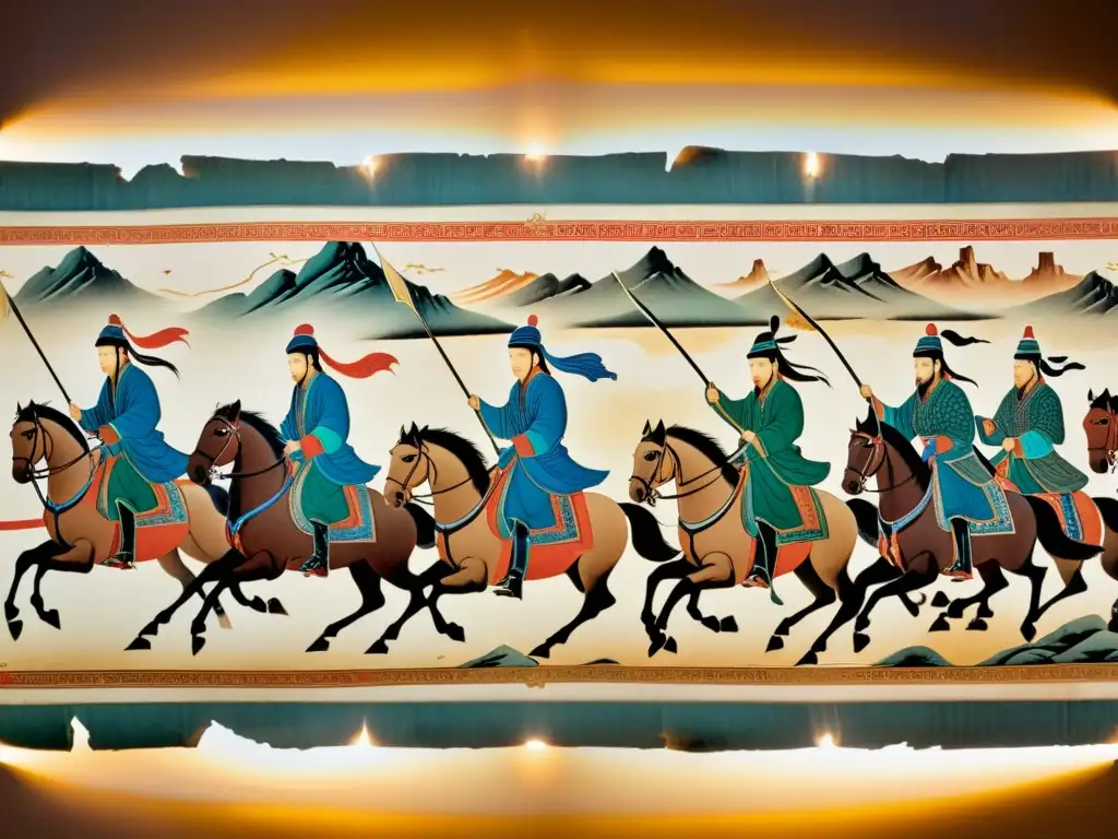 Antigua crónica del Imperio Mongol iluminada por la luz de las velas, detallando escenas de guerreros en la estepa