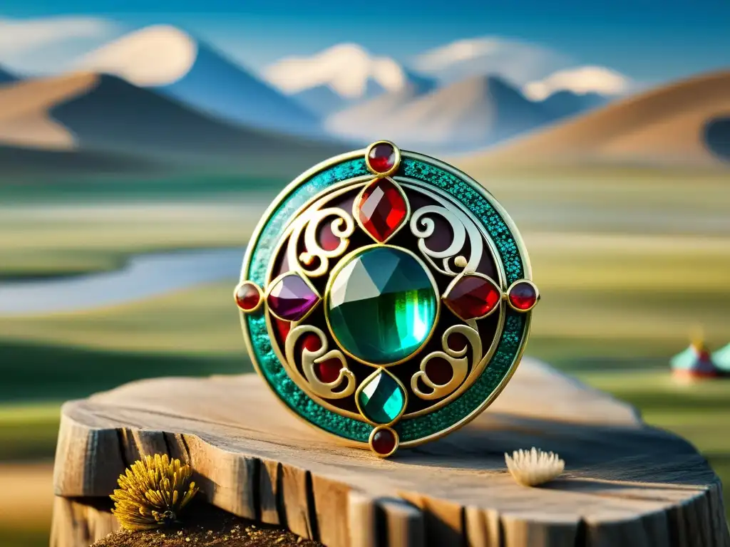 Joyería mongola antigua, detalle artesanal y piedras vibrantes en paisaje vasto de Mongolia, yurtas nómadas y praderas