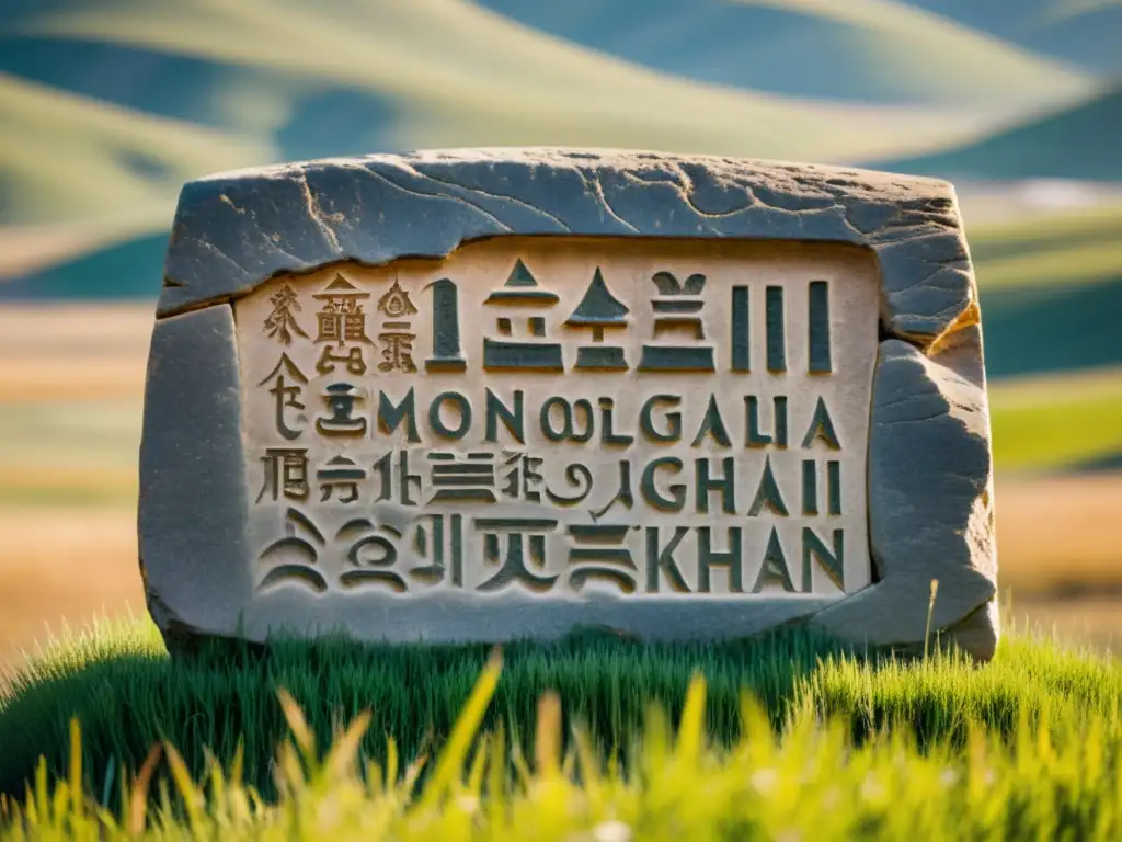 Antigua escritura mongola en piedra, con paisaje de colinas y cielo abierto, resaltando el legado lingüístico de la conquista de Genghis Khan