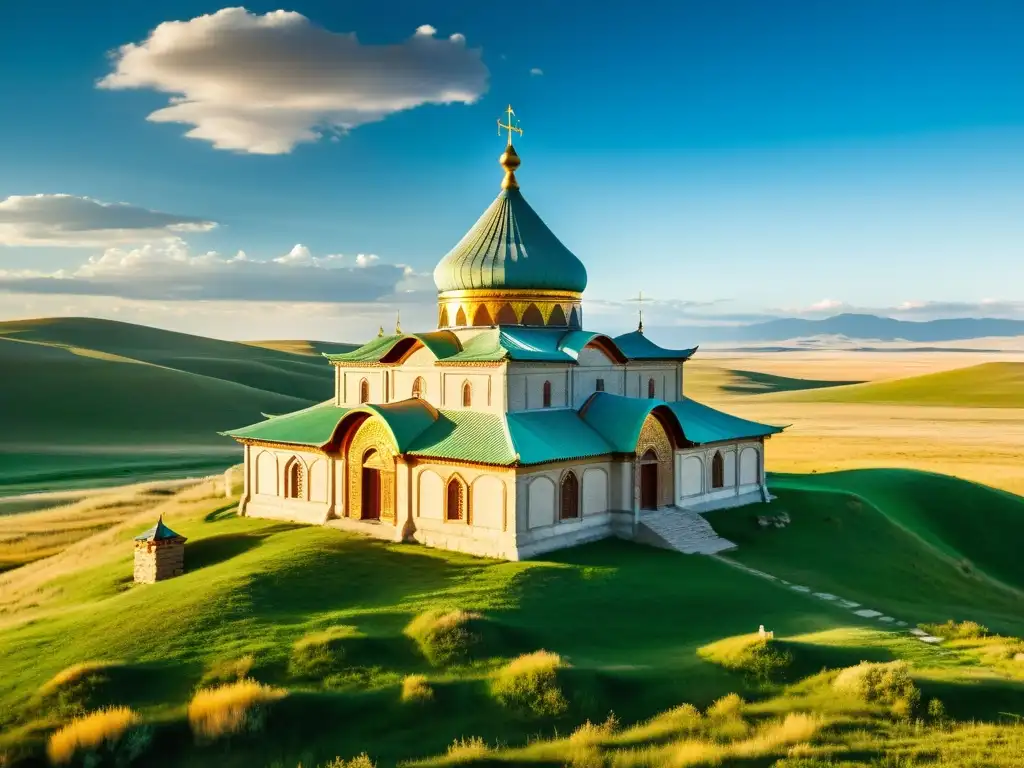 Antigua iglesia cristiana nestoriana en la estepa mongol, rodeada de paisaje vibrante y personas vestidas de forma tradicional