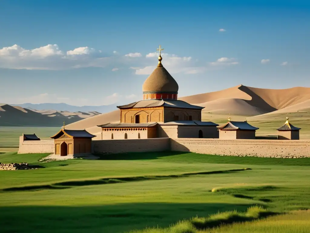 Antigua iglesia cristiana nestoriana en el árido paisaje del Imperio Mongol, evocando su legado histórico